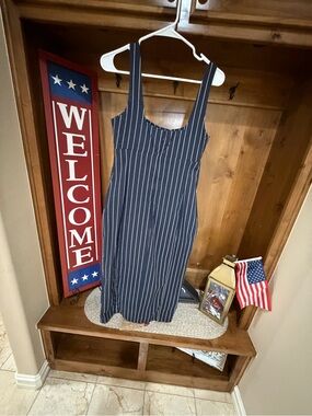 Anthropologie Navy and White Pinstripe Square-Neck Midi Dress